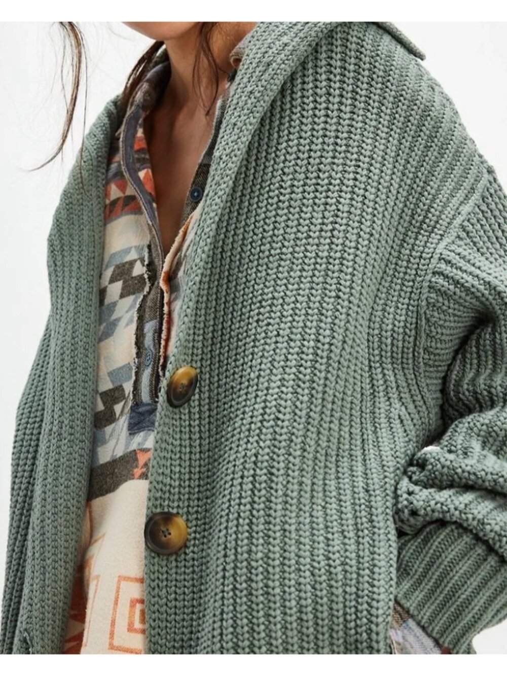 Free People Swim Too Deep Oversized Cardi Longline Cardigan M Seafoam Green $158 - Picture 3 of 16